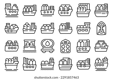 Iconos de buques portadores de gas establecen el vector de contorno. Energía de gas. Combustible de tubería