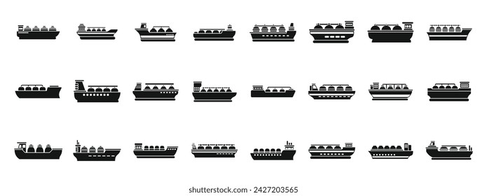 Gas carrier ship icons set simple vector. Energy terminal port. Marine boat industry