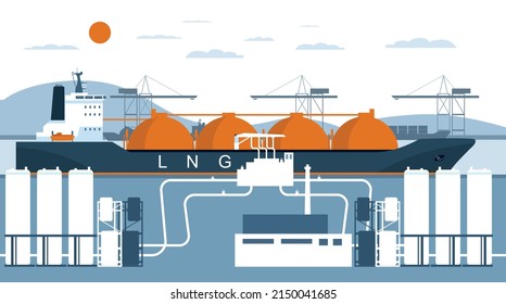 Un buque portador de gas se descarga en una terminal para recibir gas licuado. Ilustración vectorial.