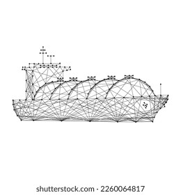Gas carrier ship, vessel for transportation of liquefied petroleum gas LPG from abstract futuristic polygonal black lines and dots. Low poly concept. Vector illustration.