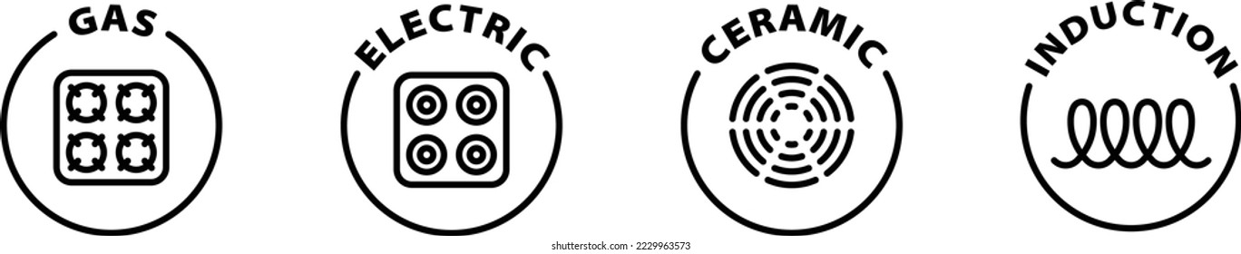 Juego de iconos de gas, cerámica, eléctrica, cocinas de inducción. Etiqueta de marca de la marca de la marca de la marca de la marca de la marca de la placa de forma redondeada en el fondo transparente. Símbolos.