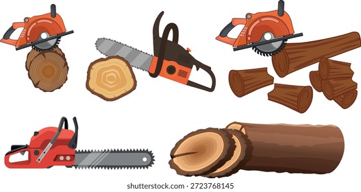 Motosierra de gas y muñón de árbol conjunto de ilustración realista