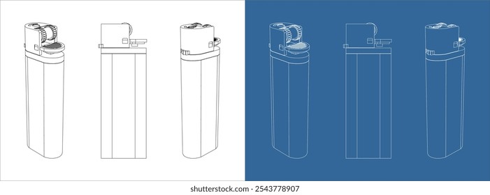 gas cigarette lighter vector from various positions line technical drawing blueprint isolated on transparent background