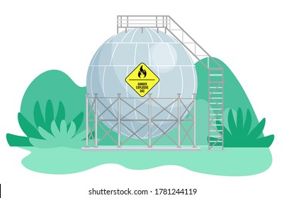 Gas cistern vector tank. Propane icon container. Oxygen gas cylindrical container fuel storage. Reservoir with flammable sign. Oil fuel metal safety. Safe butane and propane, oxygen equipment