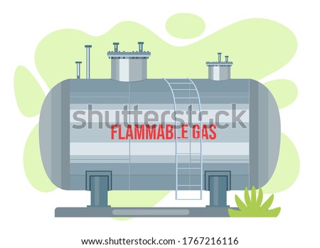 Gas cistern vector tank. Propane icon container. Oxygen gas cylindrical container fuel storage. Reservoir with flammable sign. Oil fuel metal safety. Safe butane and propane, oxygen equipment