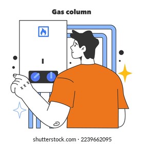 Gas column. Household gas appliance. Annual checking or maintaining of gas equipment. Fossil fuel and eco-friendly energy. Flat vector illustration