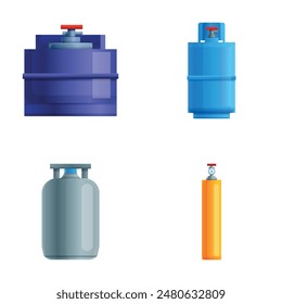 Gas container icons set cartoon vector. Different type of gas bottle. Industrial liquefied compressed oxygen, petroleum and propane