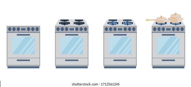 The gas cooker is isolated on a white background. A vector set of gas stoves is drawn in a cartoon style. Front view, isometric. Burner with and without fire.  The pots are on the stove. Home applianc