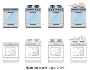 The gas cooker is isolated on a white background. A vector set of gas stoves is drawn in a cartoon and line style. Front view, isometric. Burner with and without fire.  Pot on the stove