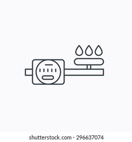 Gas counter icon. Pipe with fire sign. Linear outline icon on white background. Vector