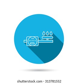 Gas counter icon. Pipe with fire sign. Blue flat circle button with shadow. Vector