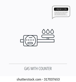 Gas counter icon. Pipe with fire sign. Linear outline icon. Speech bubble of dotted line. Vector