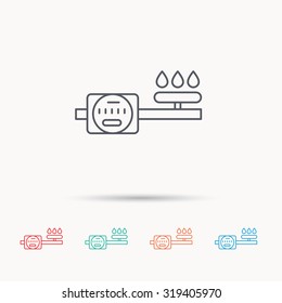 Gas counter icon. Pipe with fire sign. Linear icons on white background. Vector