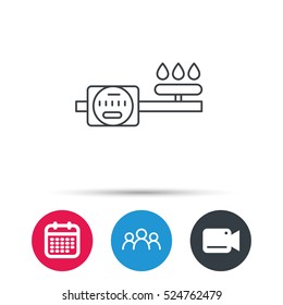 Gas counter icon. Pipe with fire sign. Group of people, video cam and calendar icons. Vector