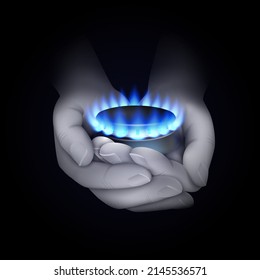 Gas crisis concept. A flame of gas in the hands of a man. On a black background. Vector.