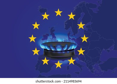 Crisis de gas en la UE. Llama de gas quemante desde una cocina de gas contra el fondo de un mapa y la bandera de la Unión Europea. banner de negocios. Ilustración del vector