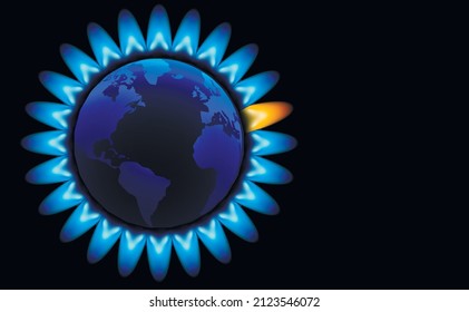 Crisis de gas. Tierra de planeta y llamas azules del gas natural. Llama azul ardiente y llama quemadora de gas naranja. espacio de copia. Fondo negro. Vista desde arriba. Ilustración del vector