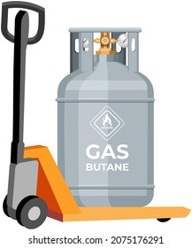 Gasflasche, Behälter mit Kraftstoff, Lagerung. Ballon mit brennbarem Schild auf Transportausrüstung. Metallbehälter mit verflüssigtem verdichtetem Butan. Druckgaszylinder auf Stapler, Gabelstapler