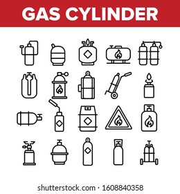 Gas Cylinder Equipment Collection Icons Set Vector Thin Line. Gas Cylinder, Container With Flame Mark, Burner Canister With Burn Concept Linear Pictograms. Monochrome Contour Illustrations