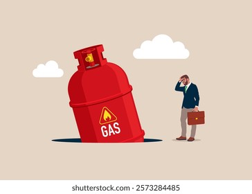 The Gas cylinder fell into a pit. Danger. Gas price falls down. Low demand. Gas price crisis, risk from energy or oil company stock. Flat vector illustration 