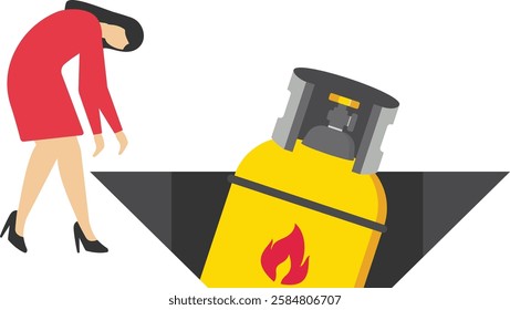 The Gas cylinder fell into a pit. Danger. Gas price falls down. Low demand. Gas price crisis, risk from energy or oil company stock. Flat vector illustration

