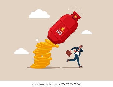 The gas cylinder fell from a pile of coins. Businessman fleeing a falling gas tank. Freeze gas prices. Modern vector illustration in flat style