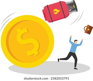 The gas cylinder fell from a pile of coins. Businessman fleeing a falling gas tank. Freeze gas prices. Modern vector illustration in flat style

