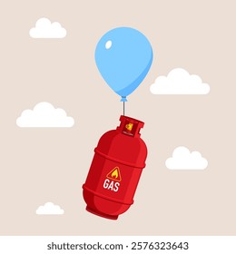 Gas cylinder flying in the air with balloon. Rising stock chart. Sale of gas products. Modern vector illustration in flat style