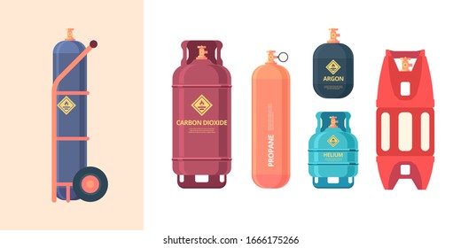 gas cylinder. high pressure steel containers bottles different forms industrial liquid gas. vector compressed air