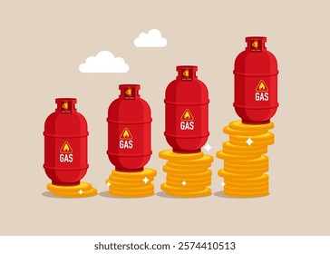 Gas cylinder on stacks of coins. Decrease of price of gas. Modern flat vector illustration.