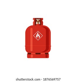 Gas cylinder. Red Lpg propane container with fire icon, tank with industrial liquefied compressed high pressure oxygen, canister fuel storage. Vector flat single object isolated on white background