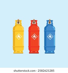 gas cylinder tanks in various colors, propane and butane lpg bottle containers, oxygen gas cylinder fuel logo illustration