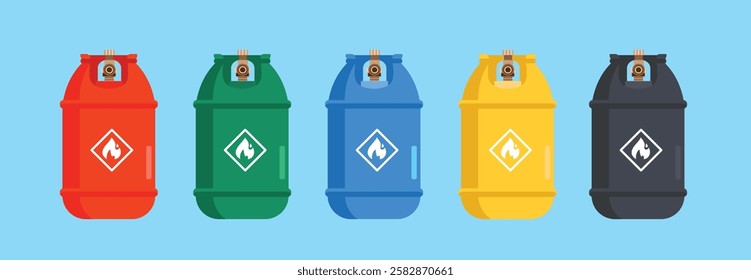 Gas cylinder tanks in various colors and contents, LPG propane butane bottle containers, hydrogen and oxygen gas cylinder fuel