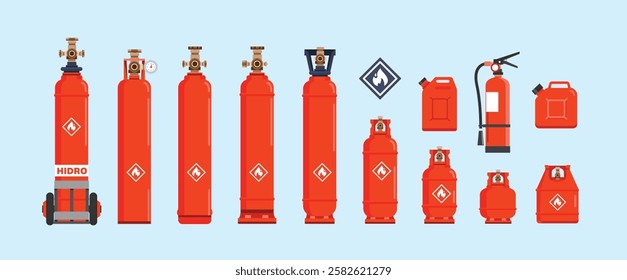 gas cylinder tanks of various types and sizes, nitrogen bottle containers, hydrogen, propane and butane lpg gas cylinder fuel logo illustrations