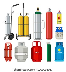 Gas cylinders. Butane helium acetylene propane metal tank cylinder petroleum station tools vector illustrations. Tank butane and propane, gas cylinder