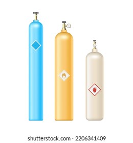 Gas cylinders dangerous containers set realistic. Fuel pressure balloons storage industrial flammable equipment compressed propane methane with manometer. Vector illustration