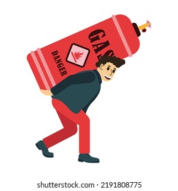 Gas cylinders dangerous, explosive. Man carries a large cylinder of propane, petroleum, LPG on a white background. Gas cylinders with high pressure and valve. Global crisis in the world.