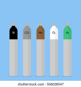 Gas Cylinders In Different Colors. Cylinders For Compressed Technical Gases. Flat Design Style Illustration