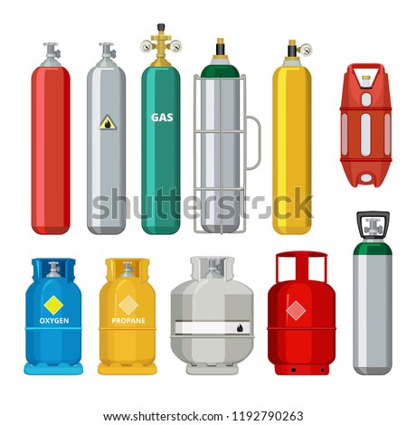 Gas cylinders icons. Petroleum safety fuel metal tank of helium butane acetylene vector cartoon objects isolated. Equipment for safe butane and propane, oxygen balloon illustration