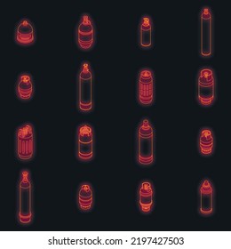 Gas cylinders icons set. Isometric set of gas cylinders vector icons neon color on black