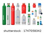Gas cylinders. Metal tanks with industrial liquefied compressed oxygen, petroleum, LPG propane gas containers and bottles set. Gas cylinders with high pressure and valves