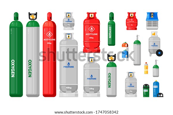 Gas cylinders.\
Metal tanks with industrial liquefied compressed oxygen, petroleum,\
LPG propane gas containers and bottles set. Gas cylinders with high\
pressure and valves