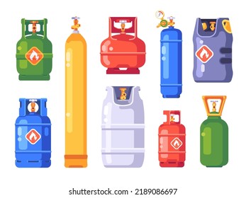 Gas cylinders. Propane bottle container isolated on white background. Set of flat vector illustration