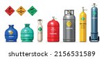 Gas cylinders and tanks realistic set with oxidizing gas symbols isolated vector illustration