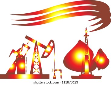 Gas derrick, oil pumpjack and spurts of flame.