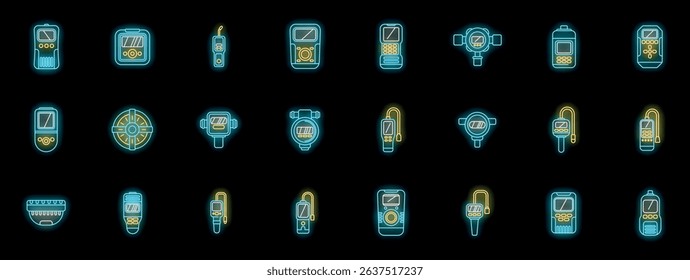 Gas detector glowing neon icons set on dark background. Portable methane, carbon monoxide, toxic, oxygen, explosive gas sniffer, sensor, analyzer, detection equipment. Vector illustration