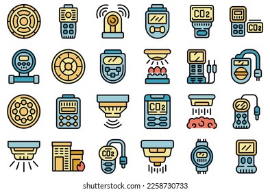 Gas detector icons set outline vector. Meter monitor. Leak accident color line on white isolated