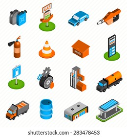 Gas Diesel Station Isometric Icons Collection Of Fuel  Pump Nozzle And Fire Extinguisher Abstract Isolated Vector Illustration