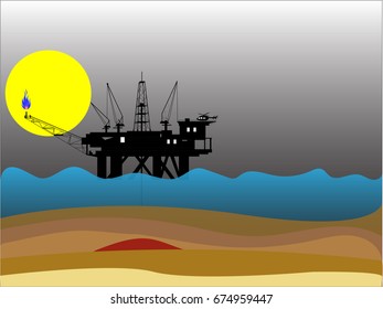 Gas drilling rig  in the sea with the full moon vector illustration background