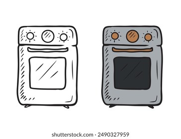 Horno de gas o eléctrico con estufa en negro aislado sobre fondo blanco. Ilustración de boceto de Vector dibujado en estilo de arte de línea vintage grabado doodle. Equipo de cocina para cocinar